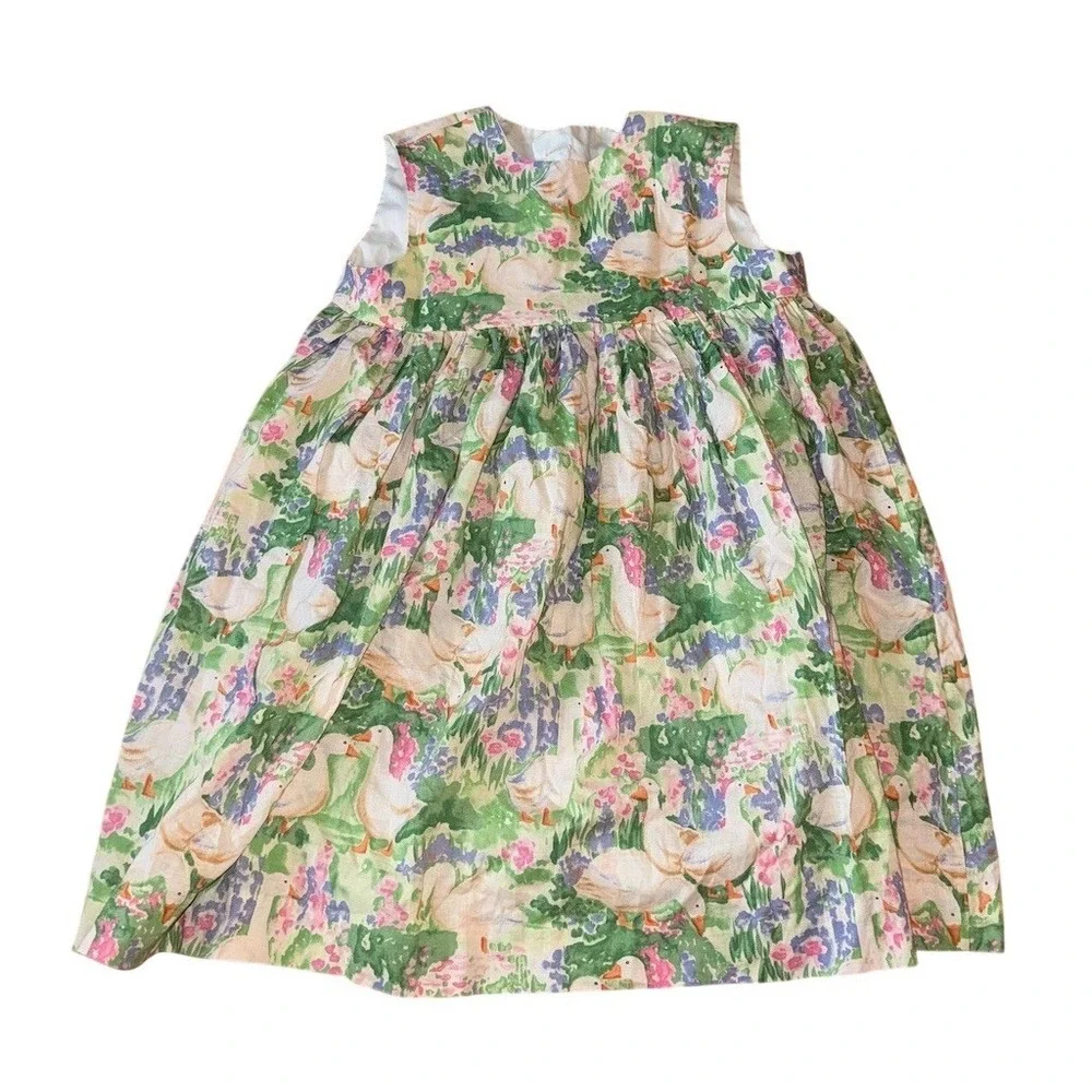 Homemade Girls A-Line Dress Size 4T Pastel Goose & Floral Print missing buttons